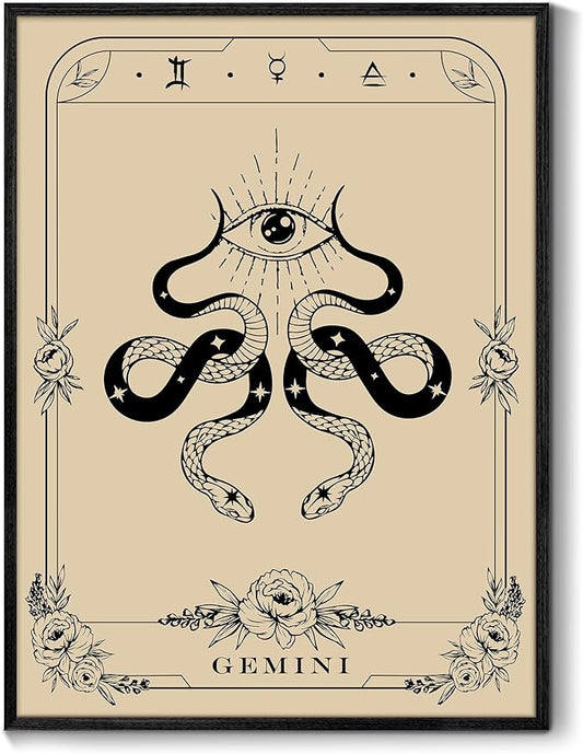 SERIMINO Witchy Framed Wall Art, Gemini Tarot Canvas Prints Paintings, Horoscope Dark Academia Home Decor Aesthetic, 16x24inch Gothic Wall Decor for Room