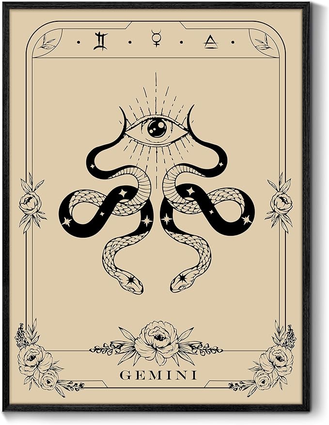 SERIMINO Witchy Framed Wall Art, Gemini Tarot Canvas Prints Paintings, Horoscope Dark Academia Home Decor Aesthetic, 12X16inch Gothic Wall Decor for Room