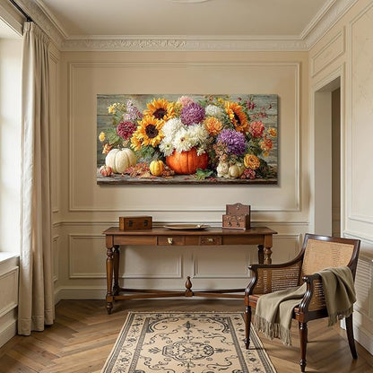 imjiayu Floral Wall Art, Oversized Wall Art, Large Wall Decor, Sunflower Dahlia Painting Art Prints, Autumn Pumpkins Harvest Rustic Pictures for Living Room Dining Room Farmhouse Decorations 29"x57"