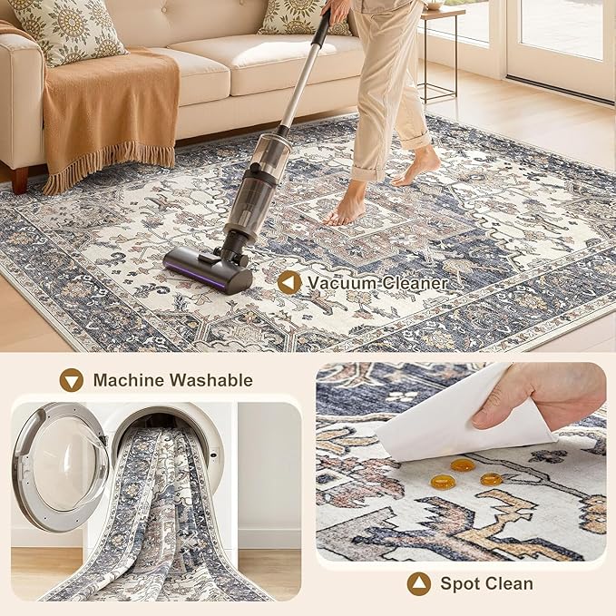 Washable 3x8 Runner Rugs: Non Slip Vintage Blue Beige Area Rugs for Living Room, Large Soft Stain Resistant Indoor Floor Carpets for Bedroom Dining Room Nursery Home Office Kid & Pet Friendly