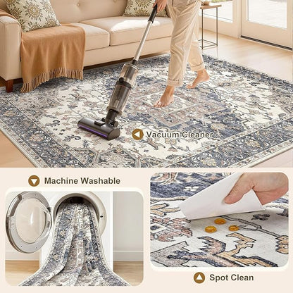 Washable 3x8 Runner Rugs: Non Slip Vintage Blue Beige Area Rugs for Living Room, Large Soft Stain Resistant Indoor Floor Carpets for Bedroom Dining Room Nursery Home Office Kid & Pet Friendly