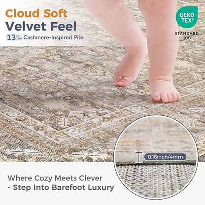 OPPODREAM Vintage Beige 2x12 Runner Rug, 2 x 12 Retro Washable Rug Non Slip, Low-Pile Faux Wool Carpet, Distressed Tan Floor Mat for Kitchen, Hallway, Entry-Way, Entrance, Indoor Back Door
