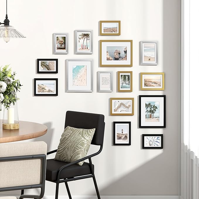 Venusmiles 15 Pack Picture Frames Collage Wall Decor, Gallery Frame Set for Wall Mounting or Tabletop Display, Multi Sizes Including 3pcs 8x10, 6pcs 5x7, 6pcs 4x6, Black+Silver+Gold