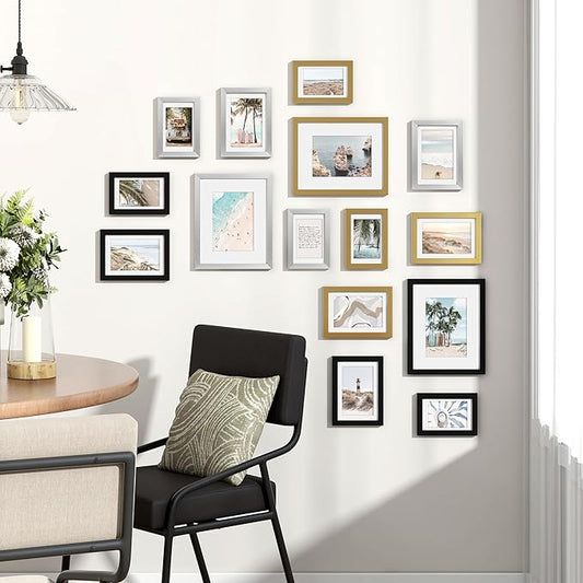 Venusmiles 15 Pack Picture Frames Collage Wall Decor, Gallery Frame Set for Wall Mounting or Tabletop Display, Multi Sizes Including 3pcs 8x10, 6pcs 5x7, 6pcs 4x6, Black+Silver+Gold