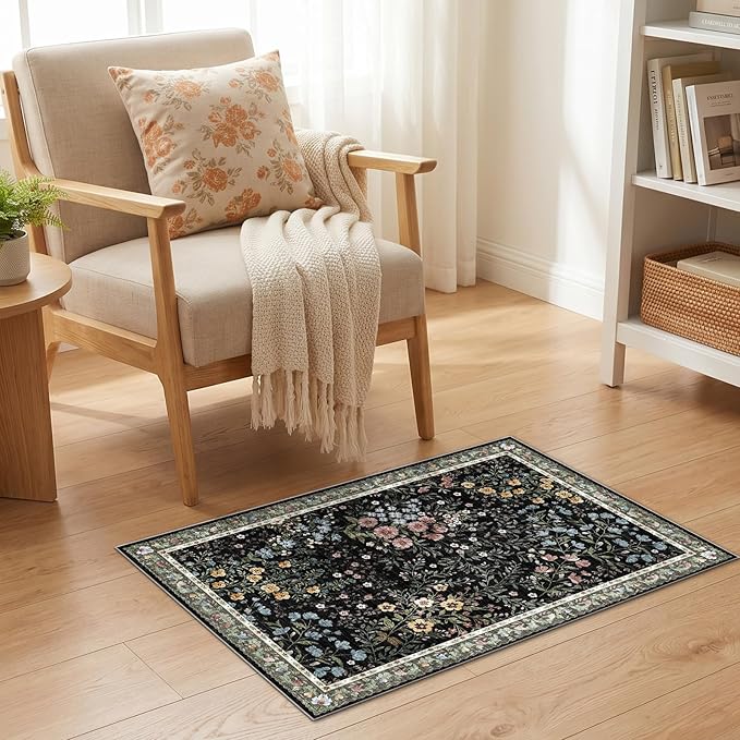 Washable Area Rugs 2x3 Entryway: Soft Ultra Thin Low Pile Mat Machine Washable Indoor Doormat Lightweight Entry Rug Anti Slip Backing Rugs for Living Room Bedroom Kitchen 2'x3' Black