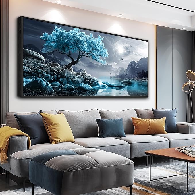 KELIYUAN Large Canvas Wall Decor Bedroom Blue Tree Landscape Wall Paintings Wall Art For Living Room Black And White Pictures Office Mural Framed Prints Artwork Modern Home Decor Aesthetics 32"X72"