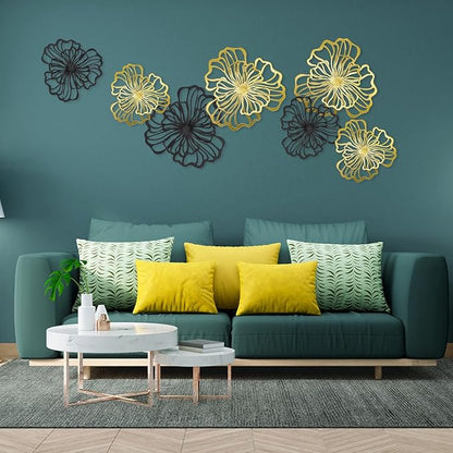 7 Piece Metal Wall Decor for Living Room, Boho Double Layered Iron Flower Wall Hanging Art, Aesthetic Indoor Metal Wall Sculpture Decor for Bedroom Kitchen Bathroom Farmhouse Home Office, Gold-Black