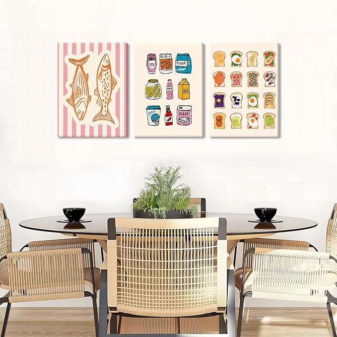 Cute Funny Kitchen Wall Art Set of 3, Fashion Breakfast Food Avocado Toast Canvas Prints Poster, Vintage Simple Sardines Watercolor Picture for Dining Room Kids Room Wall Decor 12x16 Inch Framed