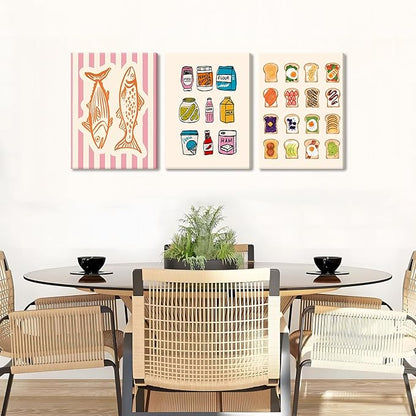 Cute Funny Kitchen Wall Art Set of 3, Fashion Breakfast Food Avocado Toast Canvas Prints Poster, Vintage Simple Sardines Watercolor Picture for Dining Room Kids Room Wall Decor 16x24 Inch Framed