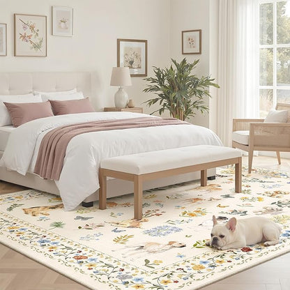 Soalmost Dog 5x7 Area Rugs for Living Room, Machine Washable Animal Floral Vintage Rug Non-Slip Low Pile Soft Throw Rugs for Kitchen Dining Room Bedroom Nursery Playroom (5 x 7,Beige)