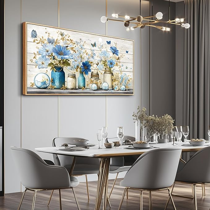 Wapluam Large Framed Wall Art,Floral Wall Art Bedroom,Blue Flowers Painting Prints,Retro Rustic Pictures Wall Decor,Farmhouse Canvas Artwork for Living Room Bathroom Kitchen Home Office Decoration