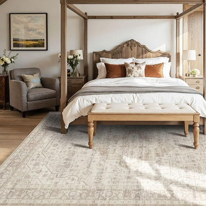 Rugxara 6x9 Washable Area Rug for Living Room, Vintage Neutral Large Boho Rugs for Office, Dining Room, Kids Room, Farmhouse, Durable Low Pile Non Slip Carpet for High Traffic Areas, Cream