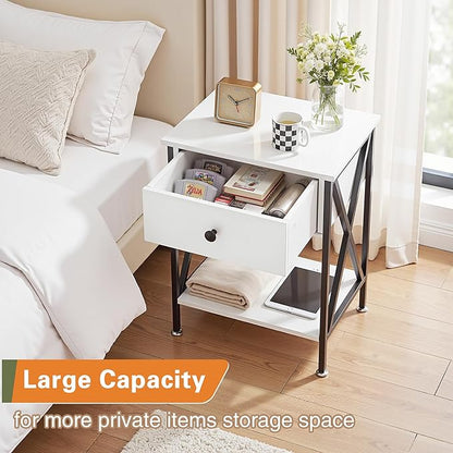 VECELO Nightstands, Modern Bedside End Tables Set of 2, Night Stand with Drawer and Storage Shelf for Living Room Bedroom, Industrial Metal Frame