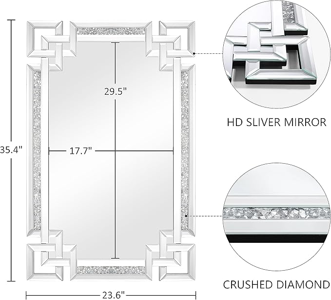 Crystal Crush Diamond Mirror-24 x36 Silver Mirror, Gorgeous Wall Mirror, Rectangle Mirrors for Wall Bathroom, Bedroom, Dining Room and Living Room