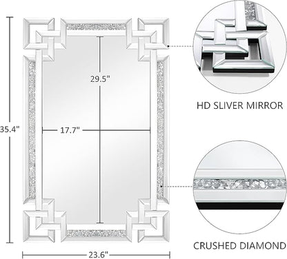 Crystal Crush Diamond Mirror-24 x36 Silver Mirror, Gorgeous Wall Mirror, Rectangle Mirrors for Wall Bathroom, Bedroom, Dining Room and Living Room
