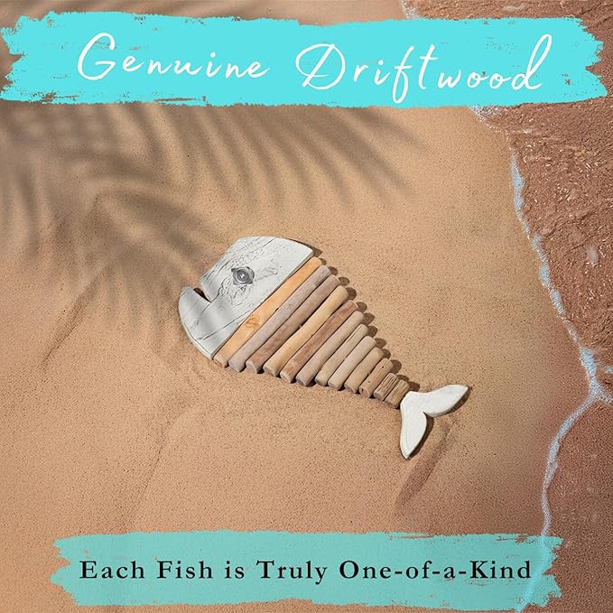 Driftwood Fish Nautical Wall Decor - Handmade Wooden Rustic Coastal Wall Art for Living Room, Bedroom, Office, Bathroom - Ocean Beach Decoration (Crystal)