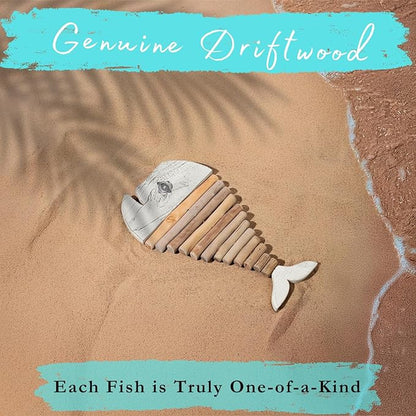 Driftwood Fish Nautical Wall Decor - Handmade Wooden Rustic Coastal Wall Art for Living Room, Bedroom, Office, Bathroom - Ocean Beach Decoration (Crystal)
