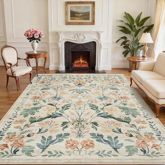 8x10 Area Rugs Washable Rug: Lagre Boho Living Room Rug Soft Non-Slip Thin Carpet Indoor Floor Non-Shedding Neutral Floral Carpets for Bedroom Dining Room Farmhouse Nursery Beige