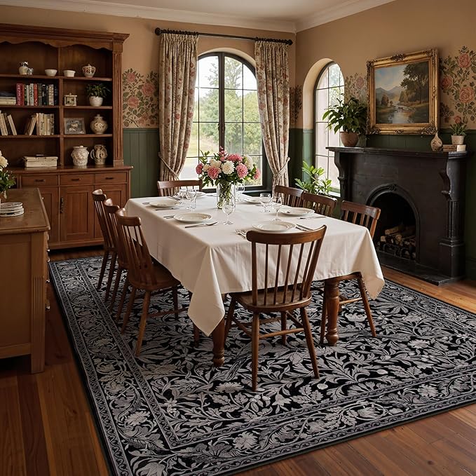 Lahome Bird Living Room Rugs 8x10, Soft Washable Black Rug for Bedroom, Dining Room Rug for Under Table，Non-Slip Stain Resistance Botanical Ultra-Thin Vintage Carpet for Office