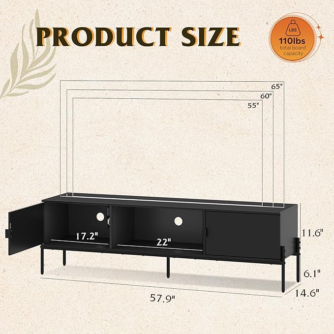 WLIVE TV Stand for 65 Inch TV, Mid Century Modern Entainment Center with 2 Storage Cabinets & Open Shelf, TV Console Table Media with Metal Legs for Living Room, Bedroom, Black