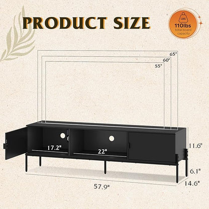 WLIVE TV Stand for 65 Inch TV, Mid Century Modern Entainment Center with 2 Storage Cabinets & Open Shelf, TV Console Table Media with Metal Legs for Living Room, Bedroom, Black