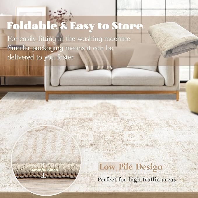 Runner Rug 2x8 Washable Rug, Vintage Boho Medallion Hallway Runner Non-Slip Soft Low Pile Distressed Floor Carpet Retro Doormat for Kitchen Bedroom Laundry Entryway Bathroom (Beige, 2'x8')