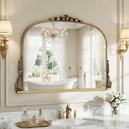 26x38 inch Vintage Arched Gold Ornate Baroque Mirror - Wall Vanity Mirror with Beautiful Retro Top and Bottom Engraving Process Frame for Bathroom, Living Room, Fireplace, Entryway, HD Tempered Glass