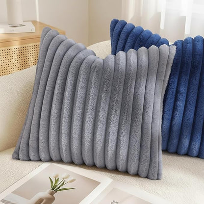 decorUhome Cozy Faux Fur Throw Pillow Covers 20x20 Set of 2 Decorative Soft Plush Striped Modern Farmhouse Boho Couch Pillow Cases with Velvet Back for Sofa Bed Living Room, Grey