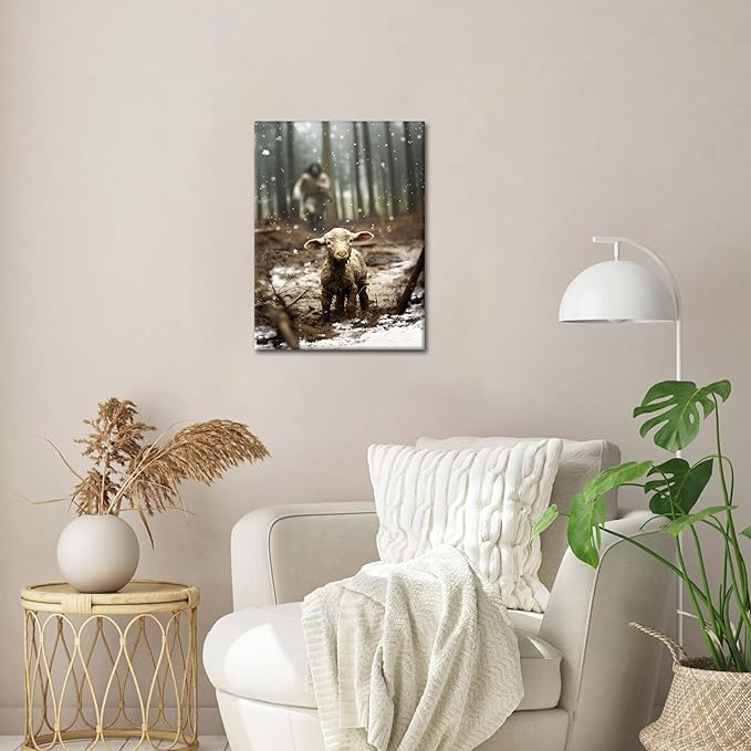 Jesus Christian Wall Art, Jesus Saves the Lost Lamb Canvas Wall Decor, Religion Canvas Art Wall Decor Posters Paintings Prints for Living Room, Bedroom, Prayer Room, Framed 12x16 inch