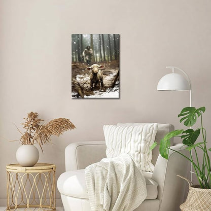 Jesus Christian Wall Art, Jesus Saves the Lost Lamb Canvas Wall Decor, Religion Canvas Art Wall Decor Posters Paintings Prints for Living Room, Bedroom, Prayer Room, Framed 12x16 inch