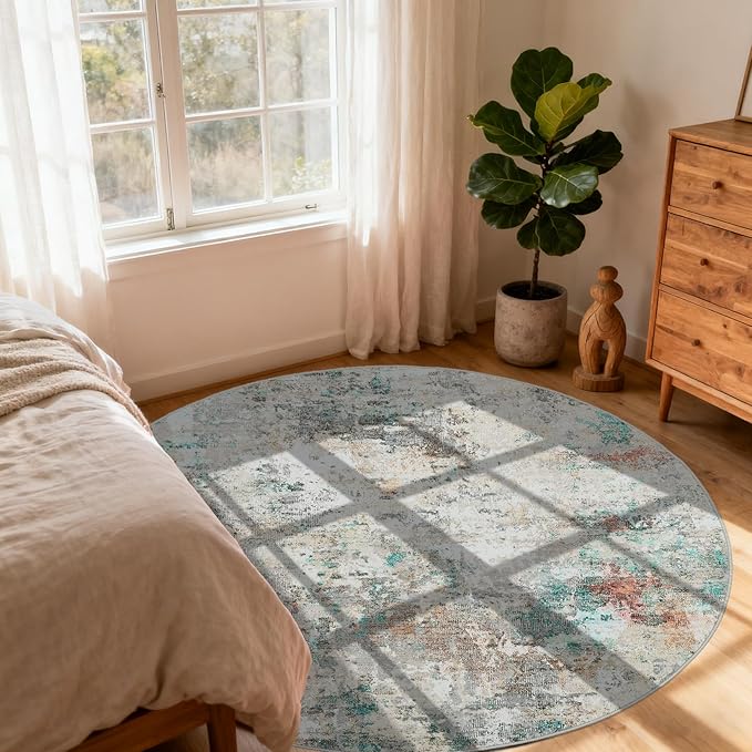 ROYHOME Modern Abstract 4x4 Round Area Rug Non Slip Non Shedding Rug Low Pile Stain Resistant for Bedroom Living Room Office Dining Room,Colorful