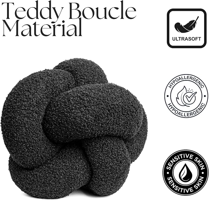 SAMIAH LUXE Charcoal Black Teddy Boucle Knot Pillow Ball 12", Permanently Stitched Knotted Decorative Throw Pillow, Natural Kapok Fill, Round Accent Pillow for Couch Sofa Bed, Boho Home Decor
