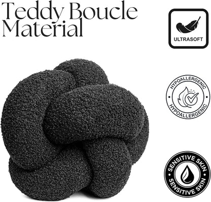 SAMIAH LUXE Charcoal Black Teddy Boucle Knot Pillow Ball 12", Permanently Stitched Knotted Decorative Throw Pillow, Natural Kapok Fill, Round Accent Pillow for Couch Sofa Bed, Boho Home Decor