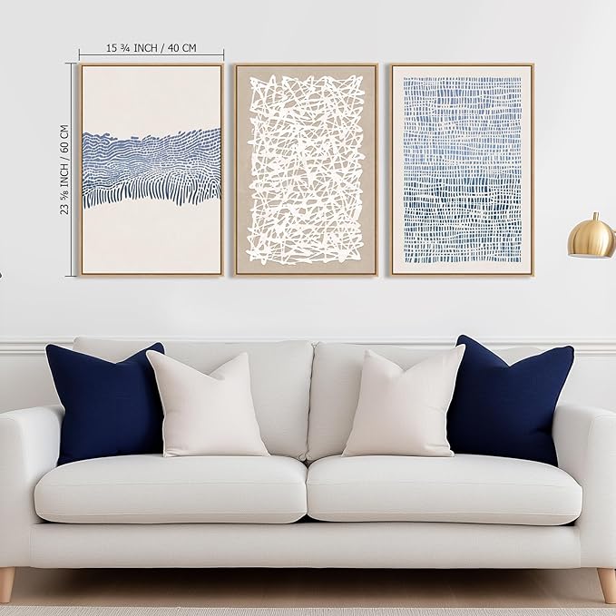 SAFERRYHOME Blue Neutral Contrast Abstract Boho Wall Art Framed Canvas Print Set, Mid Century Modern Minimalist Lines Geometric Pattern for Living Room, Bedroom, Office - 3 Panels 16x24 Inch