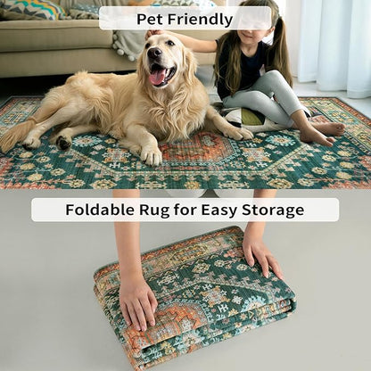Tangsoo Vintage 4x6 Rug for Living Room,Washable Indoor Area Rug Non-Slip Rubber Backing Mat,Yellow Green Multi Geometric Soft Low Pile Carpet for Front Porch Dining Room Patio Bedroom