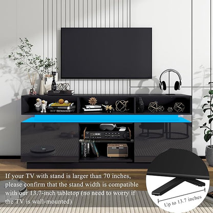 chartustriable LED TV Stand for 75 Inch TV, Modern Tall Entertainment Center with Power Outlets, High Gloss TV Stand, Gaming TV Media Console with Glass Shelf for Living Room, 63 Inch, Black