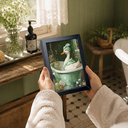 Funny Duck Bathroom Wall Art, Framed Canvas Print, Cute Duck in Bathtub Painting with Floral Water Scene, Whimsical Animal Art Oil Painting for Bathroom Restroom Home Wall Decor 8x10 Inch