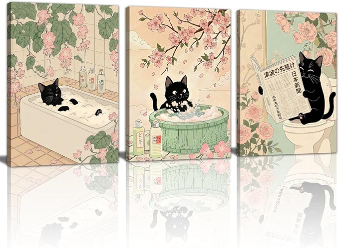 WENGTIAO Japanese Bathroom Wall Art Set of 3 Funny Black Cat Wall Paintings Cute Japan Cat Prints Pictures Animal on Toilet Photo Home Decor for Bathroom Restroom Laundry Room 12”x16”x3