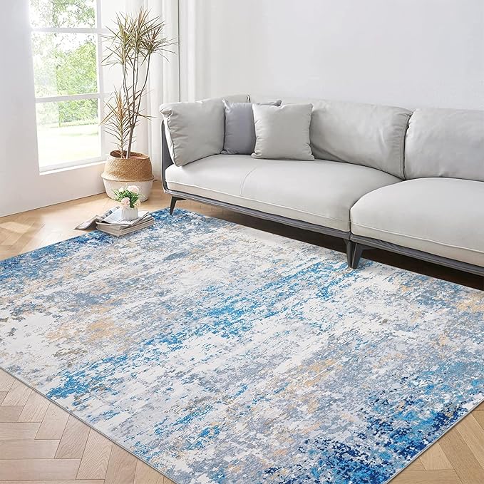 ROYHOME 5x7 Modern Abstract Faux Wool Rug Ultra-Soft Low Pile Accent Rug Stain Resistant Carpet Machine Washable Rugs for Bedroom with Non Slip Backing, Blue/Grey