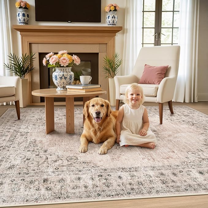 Area Rug 4x6 Vintage Rug: Washable Indoor Medallion Rugs Low Pile Distressed Floor Carpet Retro Accent Rug for Living Room Bedroom Kitchen Dining Table Home Office(Distressed Brown, 4'x6')