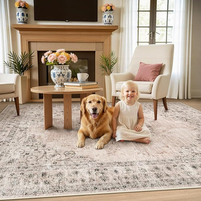 Area Rug 4x6 Vintage Rug: Washable Indoor Medallion Rugs Low Pile Distressed Floor Carpet Retro Accent Rug for Living Room Bedroom Kitchen Dining Table Home Office(Distressed Brown, 4'x6')