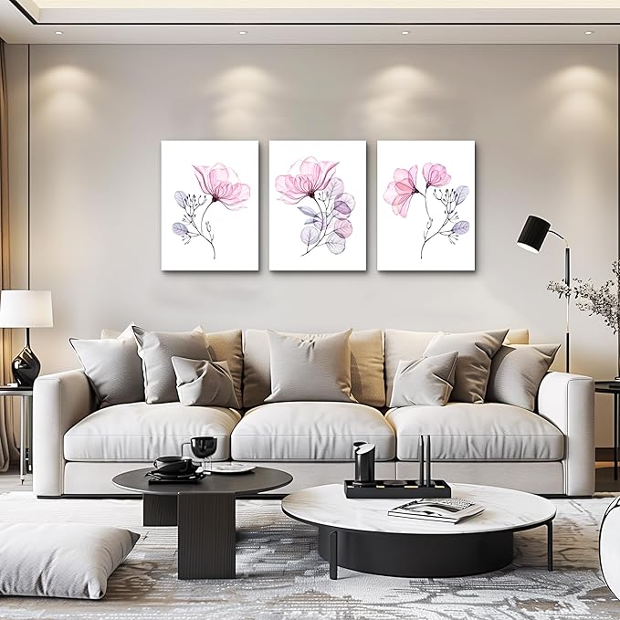 3 Piece Modern pink red Flowers Canvas Wall Art for Bedroom Living Room decor,Bathroom Wall Decor,3 Panels framed Wall Watercolor Painting Kitchen Home Decoration Canvas Print Artwork Wall Mural