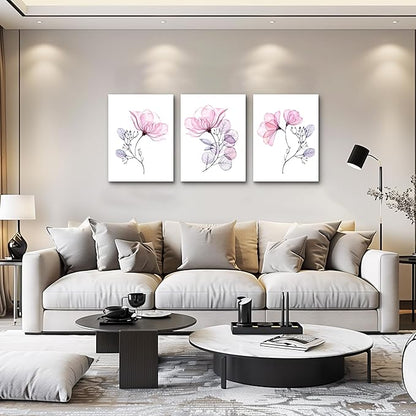 3 Piece Modern pink red Flowers Canvas Wall Art for Bedroom Living Room decor,Bathroom Wall Decor,3 Panels framed Wall Watercolor Painting Kitchen Home Decoration Canvas Print Artwork Wall Mural