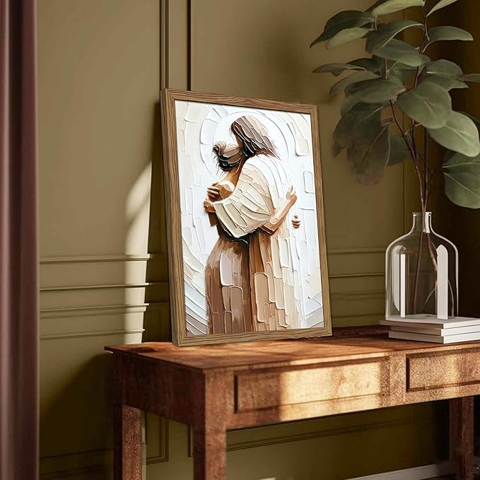 Wood Framed Jesus Embracing Woman Canvas Wall Art, Safe in His Arms Pictures Canvas Print Posters Wall Decor, Christian Wall Art Home Decor for Living & Prayer Room 16x24 inch
