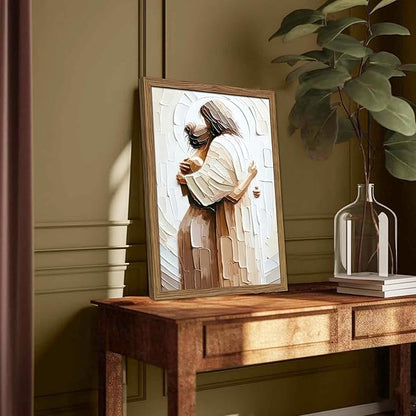 Wood Framed Jesus Embracing Woman Canvas Wall Art, Safe in His Arms Pictures Canvas Print Posters Wall Decor, Christian Wall Art Home Decor for Living & Prayer Room 16x24 inch