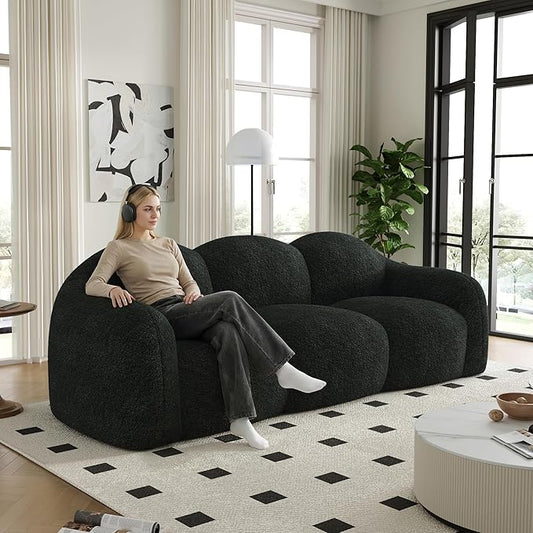 90" Modern Teddy Velvet Sofa Couch – One-Piece Memory Foam 3-Seater Sofa with Rounded Arms, Soft & Cozy Upholstery for Living Room