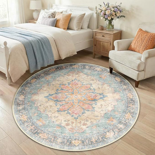 RELEANY Area Rugs Round 5ft Washable Non-Slip, Floral Vintage Distress Print Pattern Medallion Carpet for Living Room Bedroom Dining Room, Blue Orange Red
