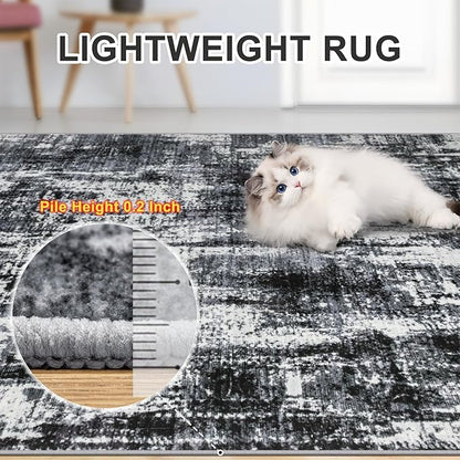 Area Rugs 9x12 Living Room - Washable Rug Modern Abstract Soft Large Neutral Non-Slip Carpet Indoor Floor Thin Carpets for Bedroom Dining Room Farmhouse Nursery Home Office Black