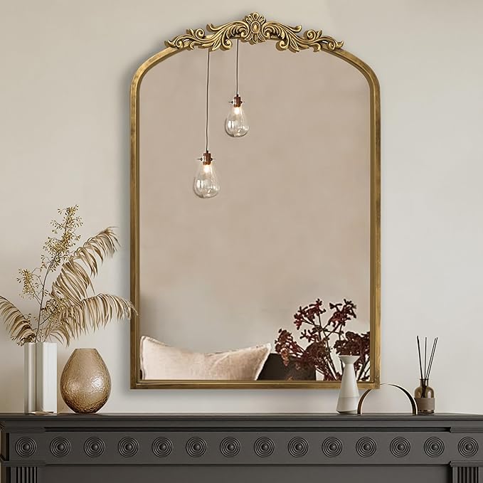 PERFNIQUE Vintage Mirror, 35" X 24" Arched Antique Baroque Wall Mirror, Gold Traditional Wall Decor, Ornate Decor Anthro Look Alike Furniture for Bathroom Living Room Fireplace Entryway Hallway