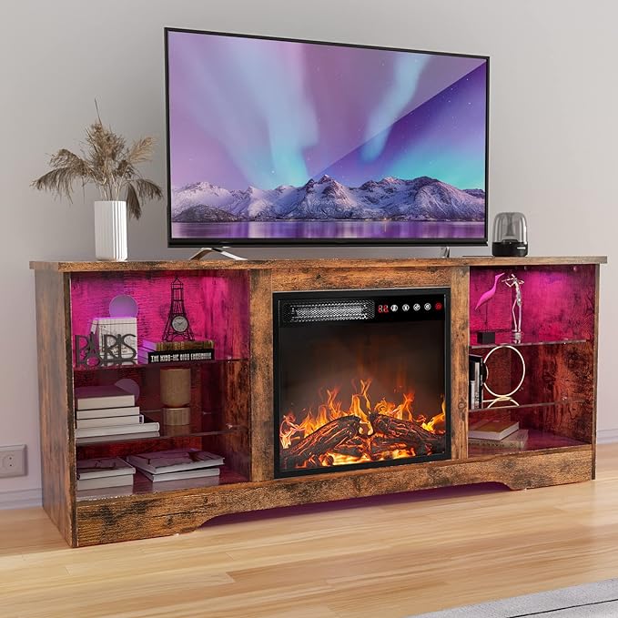 TAVATA Fireplace TV Stand with 18" Fireplace, Modern Entertainment Center for TVs up to 65 inch, Media TV Console for Living Room with Led Lights, Adjustable Glass Shelves and Storage Cabinets (Brown)